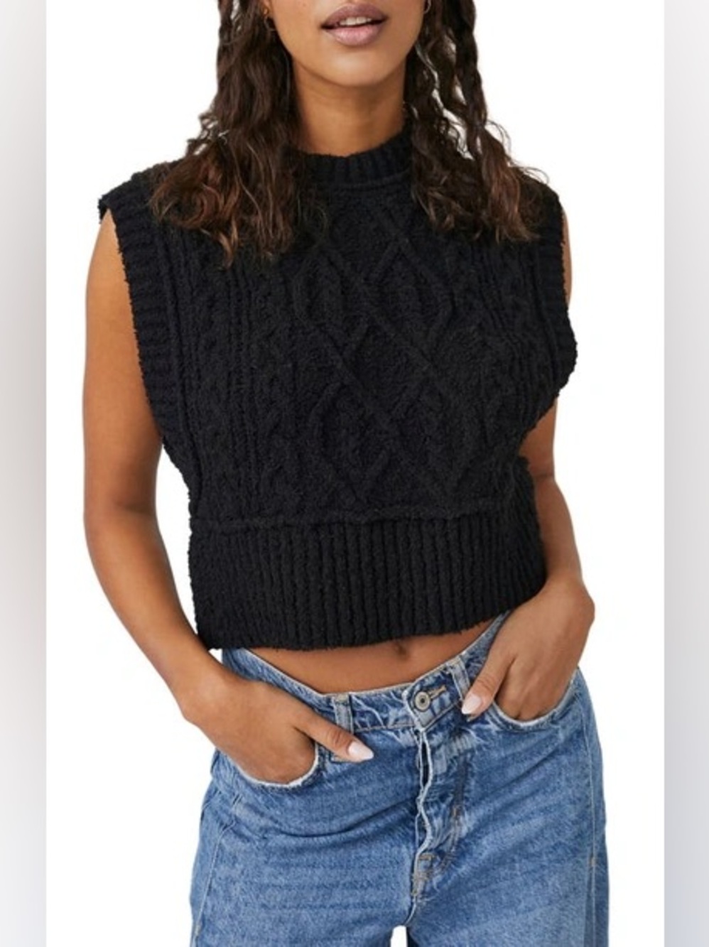 Free People Black Cable-Knit Sleeveless Sweater Vest
